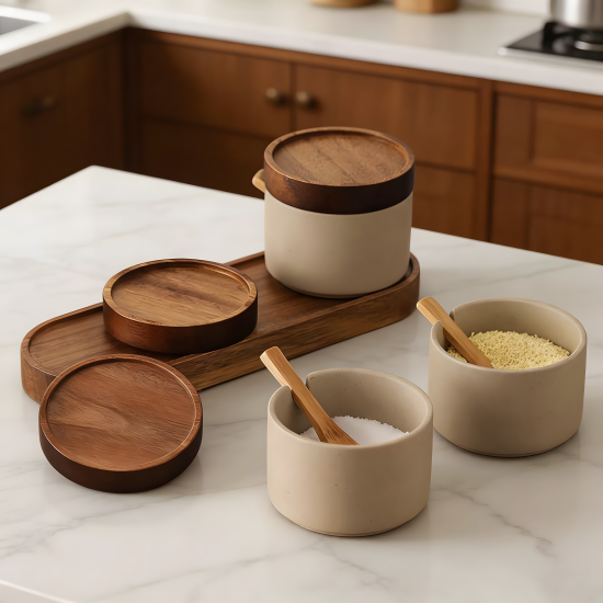 Porcelain Jar Set 3 Pcs & Wooden Stand